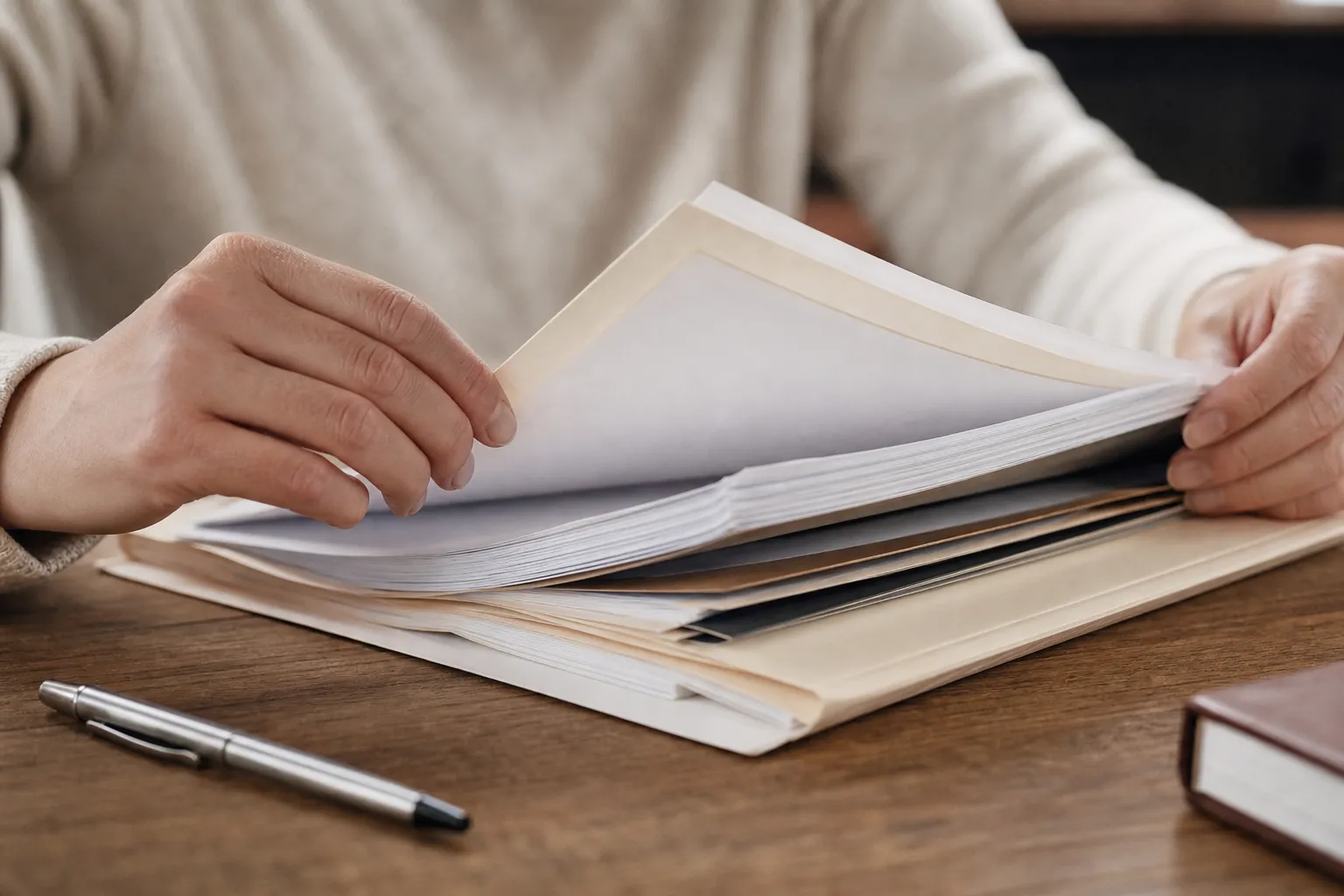 Deux mains feuilletant un projet de convention posé sur une table en bois, stylo posé à côté, aucun visage visible